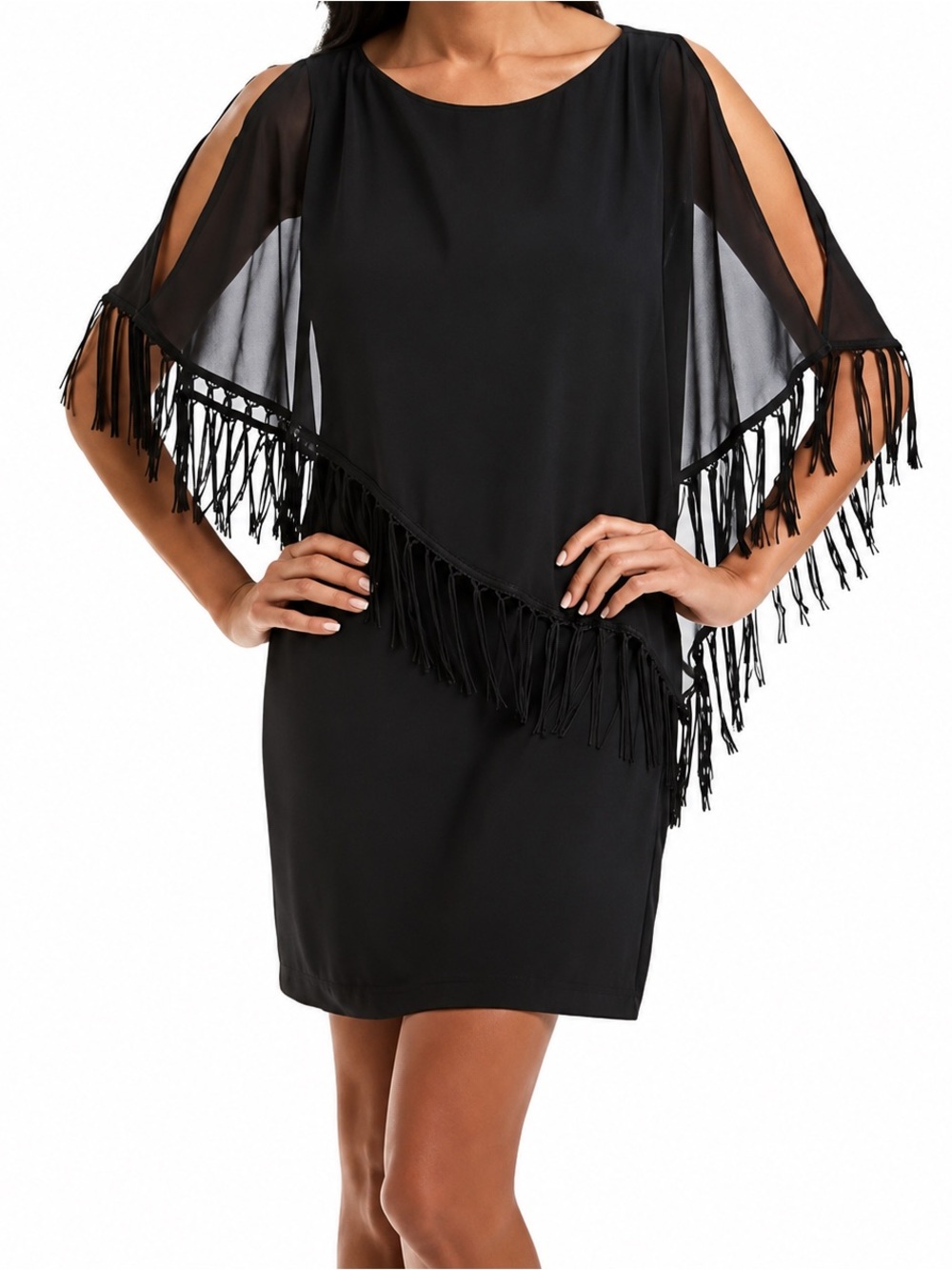 XSCAPE NWT Black Fringe Overlay Cocktail Dress Sheath Evening Women Size 10P